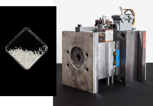 PB: links: © Fraunhofer IPK/Andy King / Compoundierte und granulierte Polyhydroxybuttersäure (PHB). rechts: © Fraunhofer IPK/Andy King / Das Team des Fraunhofer IPK entwickelte dieses Spritzgusswerkzeug zur Replikation von Musterbauteilen aus Polyhydroxybuttersäure.