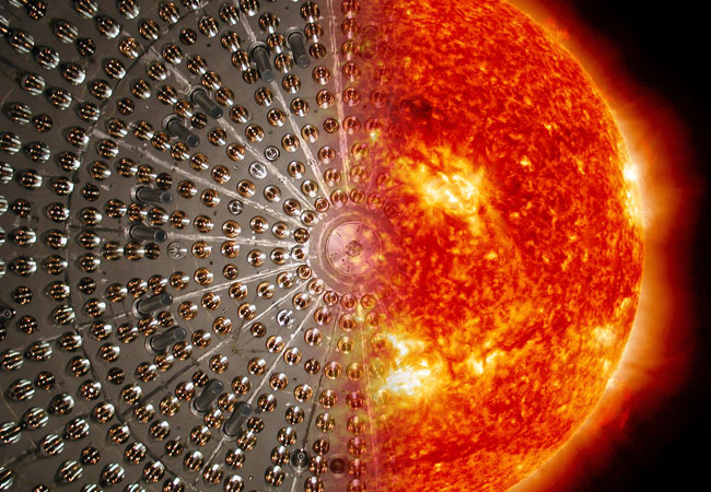PB: Die Montage zeigt den Borexino-Detektor und die Sonne. / TUM