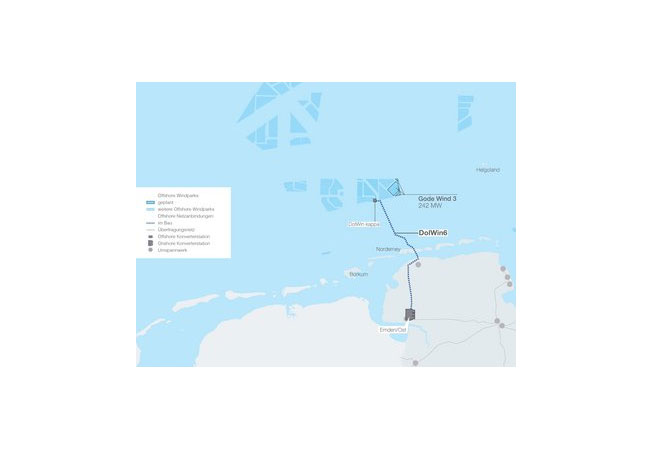 PB: Im Projekt DolWin6 wird eine Hochspannungsgleichstromübertragung von 900 Megawatt (MW) von Windparks auf See bis zum Höchstspannungsnetz in Emden/Ost realisiert. / © TenneT