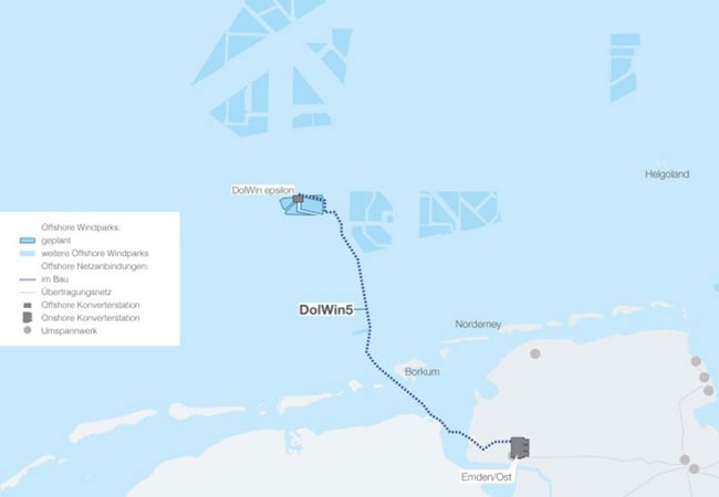 PB: Schematischer Verlauf des Offshore-Netzanbindungsprojekts DolWin5