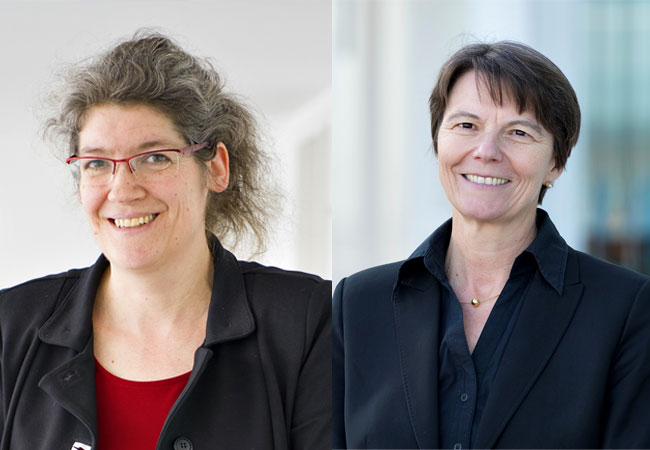 PB: li. »Forscherinnen und Forscher warten darauf, dass wissenschaftliche Ergebnisse aus unterschiedlichen Quellen systematisch erschlossen und besser zugänglich gemacht werden.« Professorin Anita Schöbel, Leiterin des Fraunhofer-Instituts für Techno- und Wirtschaftsmathematik ITWM. / re. »Die Arbeit der NFDI wird auch den Wissenschaftsstandort Deutschland einen Schritt voranbringen.« Professorin Claudia Eckert, Leiterin des Fraunhofer-Instituts für Angewandte und Integrierte Sicherheit AISEC. / © Fraunhofer