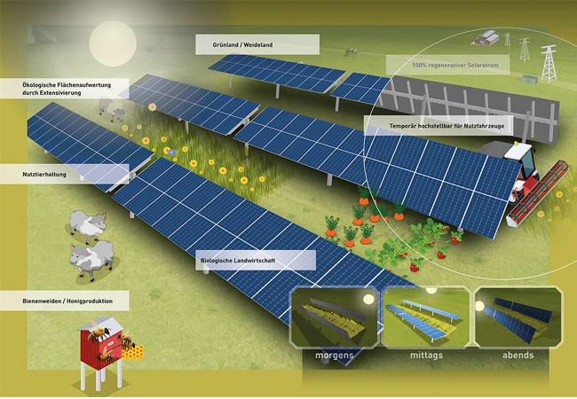 PB: BU: "Funktionsweise einer Agrar-Photovoltaikanlage mit einachsigen Trackern". / © Solverde Projektentwicklung GmbH