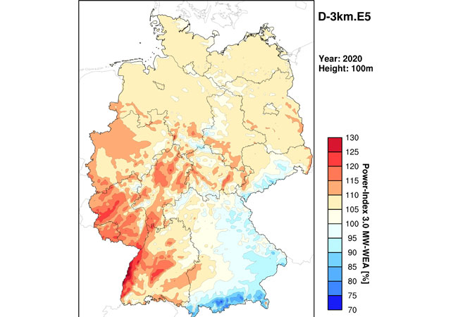 PB: Ertragsindex für Deutschland 3km (Jahresindex 2020), entnommen aus dem „Wind- und Ertragsindex Report für das Jahr 2020“ (www.anemos.de/Windreport.pdf). / © anemos Gesellschaft für Umweltmeteorologie mbH
