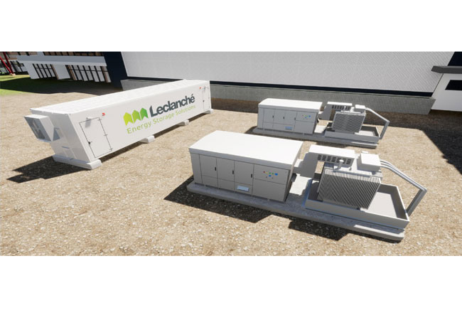 PB: 3D-Darstellung der wichtigsten Komponenten der Installation im Veolia-Gaskraftwerk, darunter das Batterie-Energiespeichersystem (links) und zwei Wechselrichter (rechts).