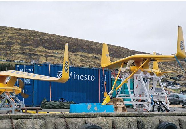 PB: Minesto's two DG100 marine energy converters on the quayside in Vestmannasund, Faroe Islands / Photographer: Minesto