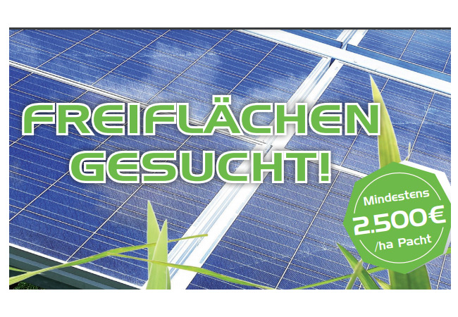 PB: Die Firma Wacker Qualitätssicherung sucht im Rahmen einer Zusammenarbeit mit den Solar-Projektentwicklern von greentech Freiflächen zur Pacht. Die steigende Nachfrage nach grünem Strom macht eine große Zahl neuer PV-Freiflächenanlagen in Deutschland notwendig. Insbesondere Freiflächen in Bayern, Baden-Württemberg, Hessen sowie Thüringen sind von Interesse. Eine Pacht sei ab 2.500 Euro pro Hektar und Jahr realistisch.