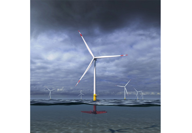PB: Caption: An artist's rendering of the 12 MW Floating Wind Turbine concept GE Research and Glosten are designing as part of their ATLANTIS program project with ARPA-E. Image credit: Glosten