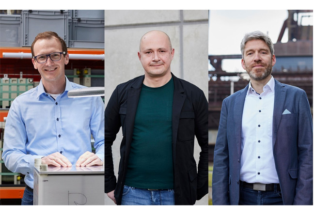 PB: 80 Prozent leichter, nur halb so groß und deutlich kostengünstiger. Mit ihrer Erfindung haben sie Redox-Flow-Batterien einen wichtigen Schritt in Richtung Massenmarkt vorangebracht: Dr. Thorsten Seipp, Lukas Kopietz, Prof. Christian Doetsch (v.l.n.r.). / © Fraunhofer / Piotr Banczerowski