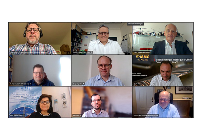 PB: Screenshot Beiratssitzung (in höchstmöglicher Auflösung) – Bildrechte: MCN e. V. Beiratsmitglieder bei der konstituierenden Sitzung am 28. Mai 2021 (v.l.n.r.): Thomas Bjørn Larsen (Skuld Germany), Prof. Dr. Eberhard Sauter (AWI), Frank Lewandowski (HYDAC International), Dr. Carsten Hilgenfeld (JAKOTA Cruise Systems), Caspar Spreter von Kreudenstein (WINDEA Offshore), Dr. Lars Greitsch (MMG), Petra Mahnke (GMT), Prof. Dr.-Ing. Axel Hahn (OFFIS), Prof. Dr. Hinrich Mohr (GasKraft Engineering)