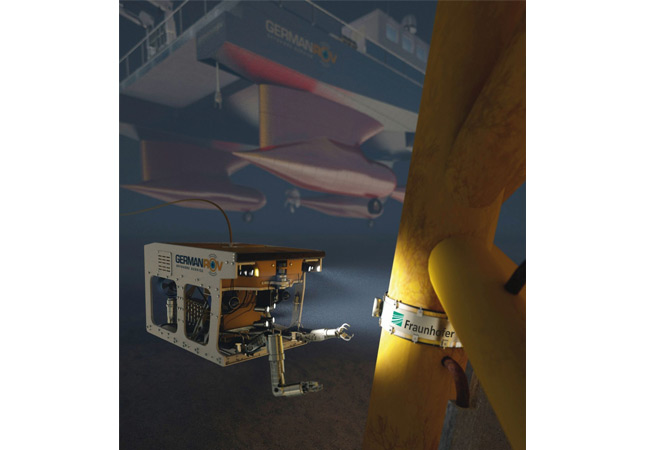 PB: Virtuelles Andockmanöver eines Unterwasserfahrzeugs an eine Offshore-Windenergieanlage. / © GermanRov, Baltic Taucher