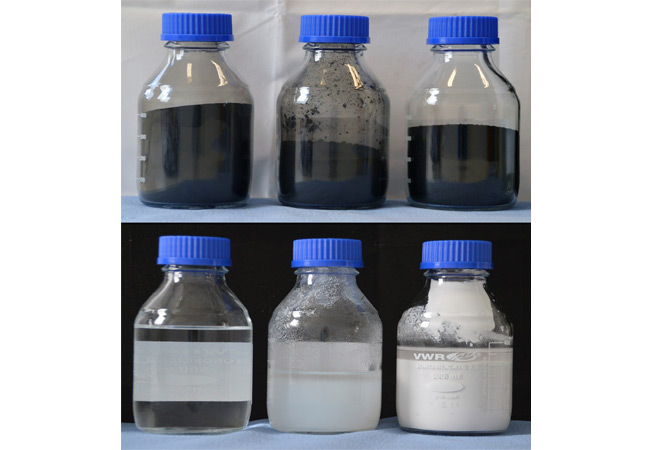 PB: Oben, Primärprodukt von links nach rechts: Roh-rCB, Clean rCB (96+), perliertes Clean rCB (96+). Unten, gewonnene Sekundärprodukte aus der Asche von links nach rechts: »Wasserglas«, gefälltes SiO2, gefälltes ZnSO4. / © Fraunhofer IBP
