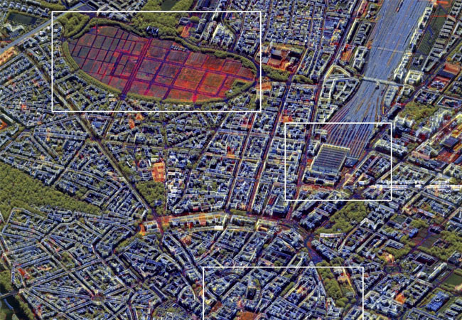PB: Mit RADIAN verarbeitete TerraSAR-X-Zeitserie über München - Mit RA­DI­AN zu ei­nem Falsch­far­ben­bild ver­ar­bei­te­te Ter­ra­SAR-X Zeitse­rie über Mün­chen, auf­ge­baut aus 50 Auf­nah­men über ein Jahr. Rot: Über den Zeit­raum sich ver­än­dern­de Struk­tu­ren; Grün: Ve­ge­ta­ti­on; Blau: Sta­ti­sche Struk­tu­ren.