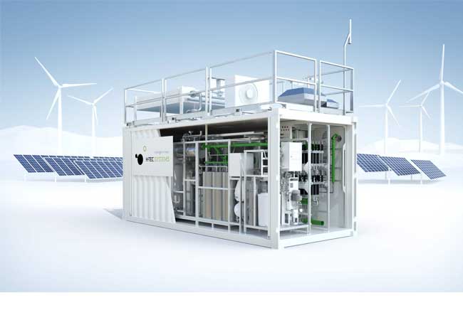 PB: H-TEC PEM-Elektrolyseur ME100/350 Ihr Einstieg in die industrielle Wasserstoff-Produktion Made in Germany Nominallast: 225 kW Wasserstoff­produktion: 100 kg/d