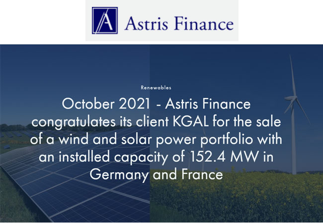 PB: Astris Finance berät KGAL bei der Veräußerung eines Wind- und Solarportfolios mit einer installierten Leistung von 152,4 MW in Deutschland und Frankreich