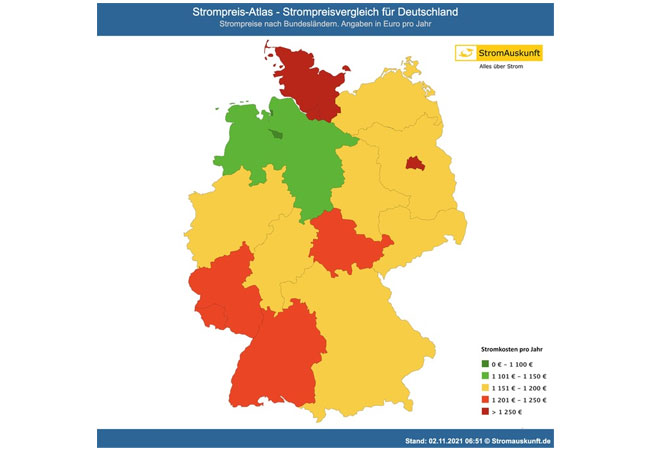 PB: Der Strompreis-Atlas zeigt eindrucksvoll die unterschiedlichen Strompreise in Deutschland. Damit erkennt man auf einen Blick, in welchen Regionen die Stromkosten für Verbraucher hoch (rote Einfärbung) und in welchen Regionen die Stromkosten geringer (grüne Einfärbung) sind. / Bildrechte: Stromauskunft.de / Fotograf: Jörg Heidjann