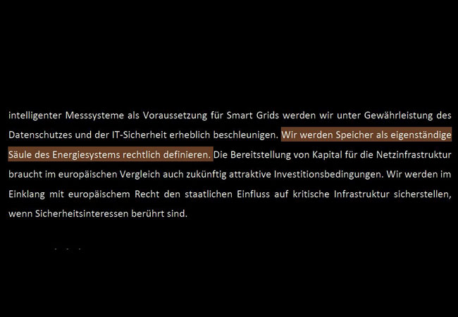 PB: Koalitionsvertrag - Energiespeicher als eigenständige Säule