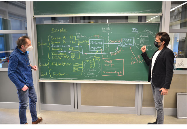 PB: Markus Gilbert (l.) und Prof. Dr. Ralf Ziegenbein arbeiten daran, die Firma Enapter in Saerbeck mit der Zukunftstechnologie Internet of Things zu unterstützen. (Foto: FH Münster/Frederik Tebbe)