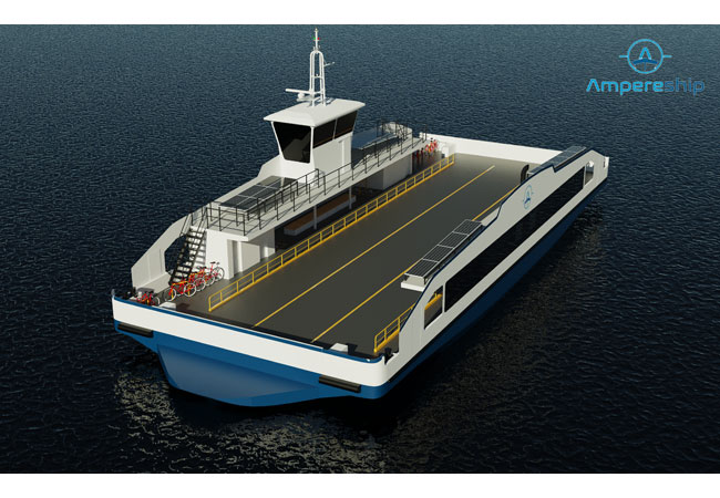 PB: Die neue Priwall-Fähre soll ab März 2023 auf der Strecke zwischen dem Lübecker Stadtteil Travemünde und der Halbinsel Priwall verkehren. / Computeranimation: Ampereship