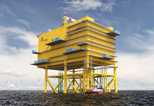 PB: Die Konverterplattformen (Visualisierung) in der ausschließlichen Wirtschaftszone bilden den Startpunkt der Offshore-Netzanbindungssysteme DolWin4 und BorWin4. / Amprion GmbH