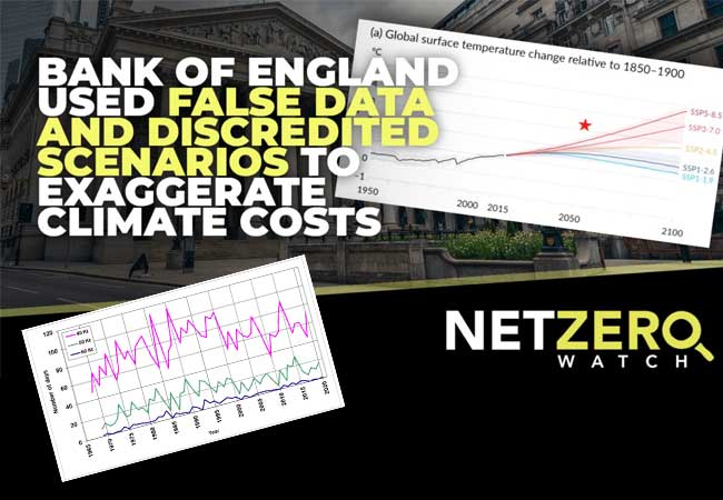 PB l.: Count of the number of individual days each year during which a max gust speed ≥40, 50 and 60 Kt (46, 58, 69 mph; 74, 93, 111 kph) has been recorded by at least 20 or more UK stations, from 1969 to 2020. Met Office: State of the UK Climate 2020 PB r.: The BOE projects a baseline scenario of a global temperature change of 3.3C for 2050 – far above the IPP’s worst case scenario (see red star outlier in the annotated IPCC scenarios chart).