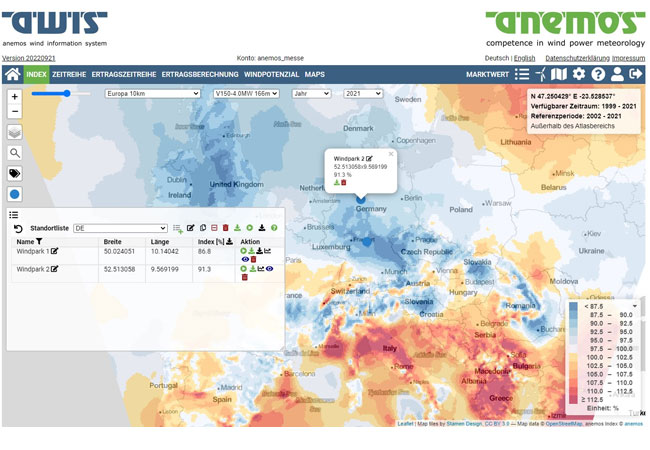 PB: Webansicht anemos Ertragsindex Europa 10 km / ©: anemos Gesellschaft für Umweltmeteorologie mbH
