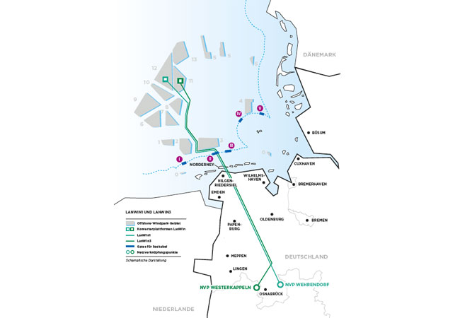 PB: Karte Offshore-Leitungen LanWin1 und LanWin3 sollen mit BorWin5 gebündelt werden