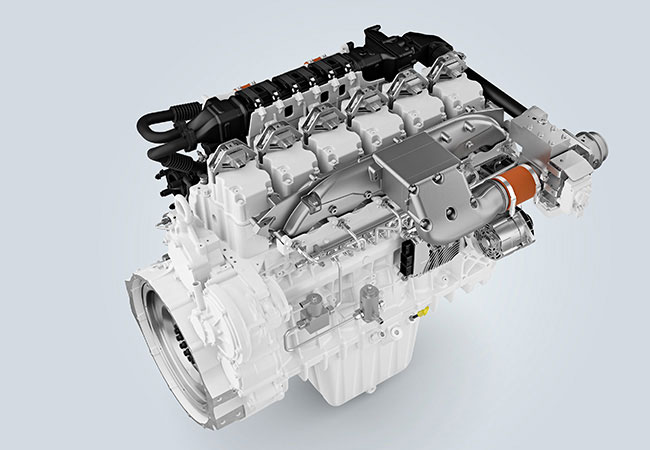 PB: Der 6-Zylinder-Prototyp des H966 Wasserstoffmotors ist das Herzstück des ersten wasserstoffbetriebenen Raupenbaggers von Liebherr.