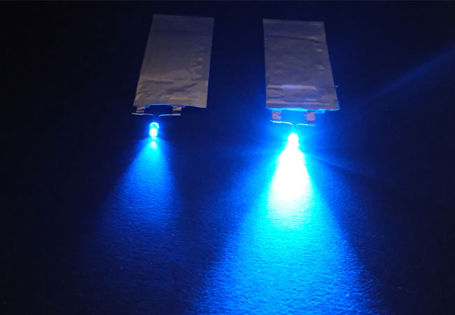 PB: Standard Batterie (links) und Batene Fleece-basierende Batteriezelle (rechts) mit jeweils der gleichen Menge an aktivem Material (© Batene GmbH).