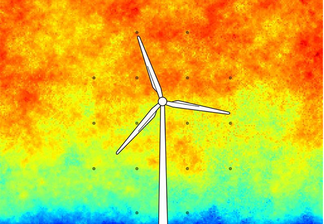 PB: Using the data from 16 anemometers (indicated as grey dots) the team reconstructed a complete, three-dimensional wind field with the help of the new model. Here, a section can be seen. Blue and green hues represent low, yellow and red high wind speeds.