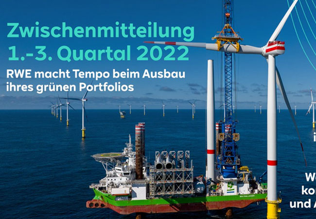 PB: Positive Bilanz nach den ersten neun Monaten 2022: RWE hat ihr grünes Portfolio weiter ausgebaut, starkes Ergebnis im internationalen grünen Kerngeschäft und Rückgang im deutschen Kohle- & Kernenergiegeschäft. Ausblick und Dividendenziel bestätigt.