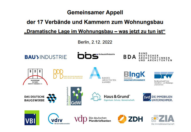 PB: Gemeinsamer Appell der 17 Verbände und Kammern zum Wohnungsbau