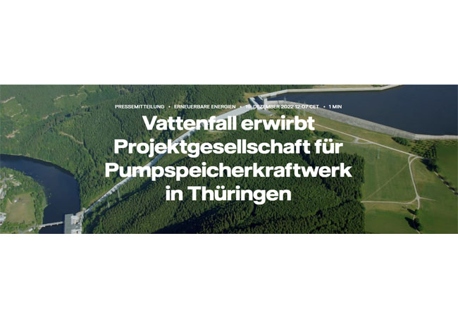 PB: Vattenfall erwirbt Projektgesellschaft für Wasserpumpspeicherkraftwerk
