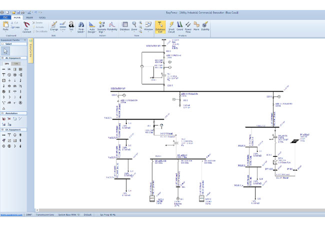 PB: Diagram, schematic Description automatically generated / Die intuitive Benutzeroberfläche von EasyPower unterstützt die Anwender bei der Digitalisierung ihrer elektrischen Systeme und ermöglicht den Entwurf, die Analyse und die Optimierung komplexer elektrischer Energieverteilungssysteme. Bildgenehmigung durch Bentley Systems.