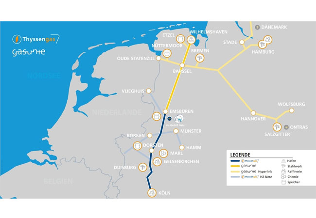 PB: Wasserstoff von Wilhelmshaven bis nach Köln: Der Nord-Süd-Korridor der Fernleitungsnetzbetreiber Gasunie und Thyssengas verbindet Wasserstoff-Erzeugung und -Import im Raum Wilhelmshaven mit Unternehmen aus Industrie und Mittelstand bis in die Region Köln. / Thyssengas GmbH