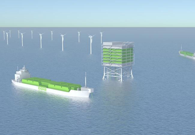 PB: Schematische Darstellung der Offshore Wasserstoffproduktion mit schiffsbasiertem Wasserstofftransport