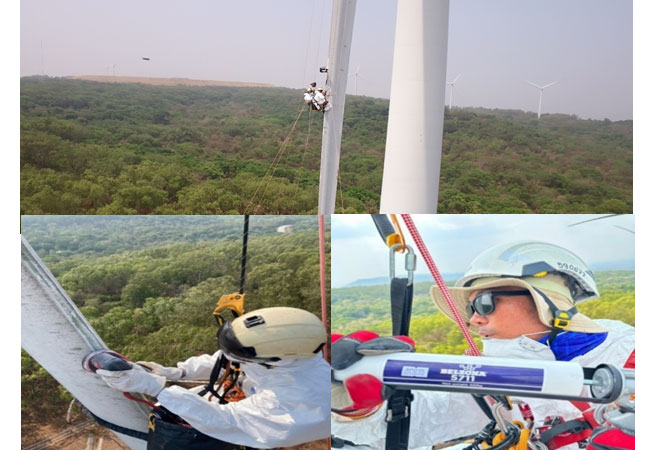 PB: 1_Maintaining the integrity of wind turbines with polymeric technology / 2_Surface preparation using an orbital sander / 3_Self-mixing Belzona 5711 cartridge