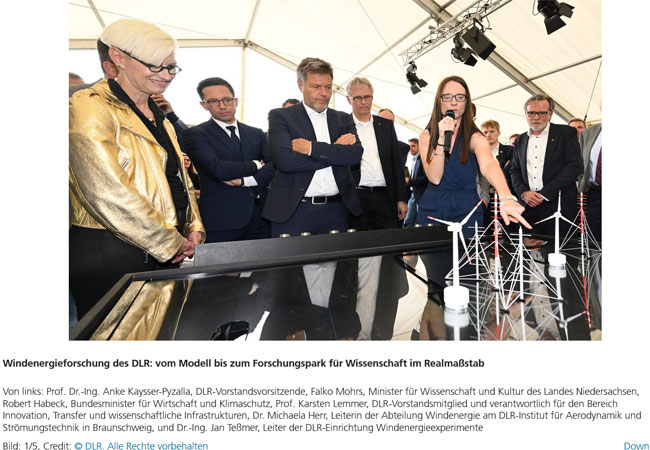 PB: Windenergieforschung des DLR vom Modell bis zum Forschungspark für Wissenschaft im Realmaßstab - Das Bundeswirtschafts- und Klimaschutzminister*in Habeck besucht DLR-Forschungspark Windenergie WiValdi / ©: DLR