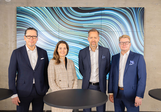 PB: Nixu Board gives recommendation supporting DNV’s tender offer, in Helsinki in February 2023. From left: Remi Eriksen, Group President and CEO at DNV; Liv Hovem, CEO of DNV’s Accelerator; Teemu Salmi, CEO at Nixu; Jari Nisk, Chairman of the Board at Nixu.