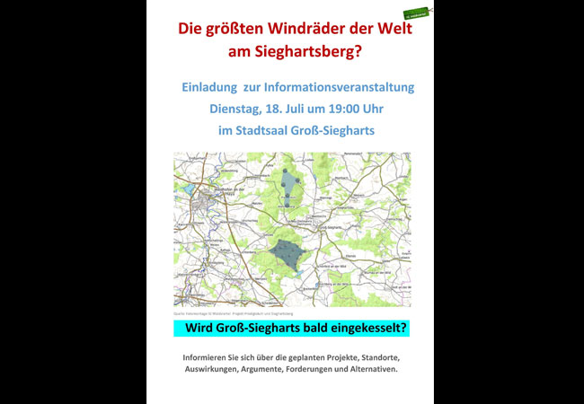 PB: Die größten Windräder der Welt am Sieghartsberg? Einladung zur Informationsveranstaltung, Dienstag, 18. Juli 2023 um 19 Uhr im Stadtsaal Groß-Siegharts