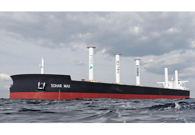 PB: Vale is to install five Rotor Sails from Anemoi onboard the VLOC Sohar Max to bring significant fuel and emission savings. The Rotor Sails will be installed with Anemoi's bespoke folding deployment system to mitigate impact on air draught and cargo handling operations. Credit: Anemoi Marine Technologies