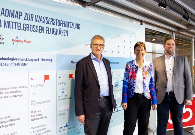 PB: Gemeinsam haben das DLR und der Hamburg Airport eine Roadmap für die Wasserstoff-Einführung an mittelgroßen Flughäfen vorgestellt. Von links: Michael Eggenschwiler, Vorsitzender der Geschäftsführung am Hamburg Airport, Prof. Meike Jipp, DLR-Bereichsvorständin Energie und Verkehr, Jan Eike Blohme-Hardegen, Leiter Umwelt am Hamburg Airport. / Hamburg Airport