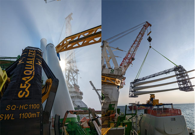 PB: The HC1100 on board DEME’s SEA INSTALLER with two tower sections, freshly lifted from the supply barge / The HC1100 in the SEA INSTALLER crane, about to be fast lifted from the heaving barge, while roll and pitch is compensated by the Barge Master system / ©: Seaqualize