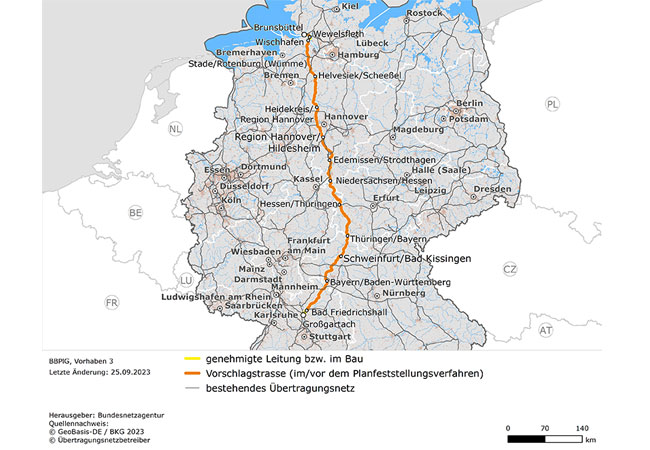 PB: im oder vor dem Planfeststellungs- oder Anzeigeverfahren genehmigt beziehungsweise im Bau / ©: Bundesnetzagentur