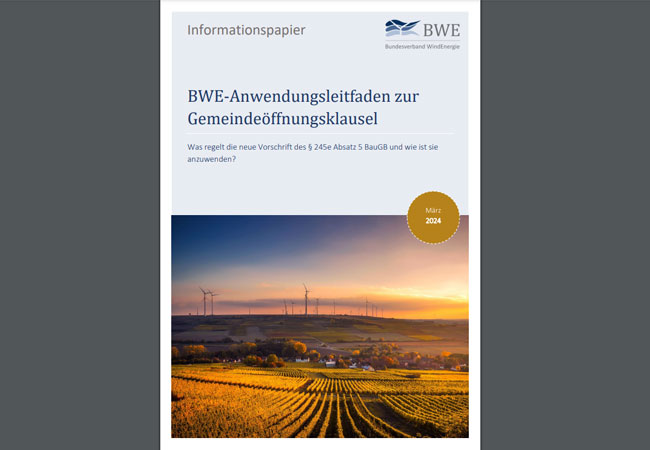 PB: BWE veröffentlicht Anwendungsleitfaden für Gemeindeöffnungsklausel für Windanlagenflächen
