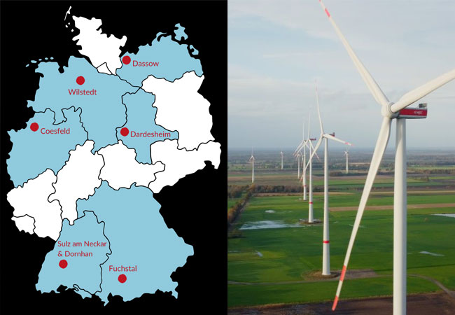 PB: Man sieht eine Deutschlandkarte, auf der alle Orte eingezeichnet sind, zu denen der WindRat ein best practice-Video produziert hat. Die Bundesländer dazu (Bayern, BaWü, NRW, Niedersachsen, Sachsen-Anhalt, Meck-Pom) sind hellblau eingefärbt. Produzent der Videos ist Die Grüne Filmagentur. Das Projekt wird gefördert durch die Deutsche Bundesstiftung Umwelt (DBU). Man sieht das Logo der DBU und einen Hinweis, dass die DBU dieses Projekt gefördert hat. Foto mit Windrädern des Windparks Wilstedt Süd.