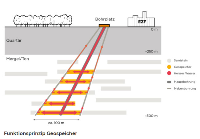 PB: Von einem kompakten Bohrplatz in direkter Nachbarschaft der Energiezentrale Forsthaus hat das Team des Fraunhofer IEG seine Technologie MTD® in rund 500 Meter zum Einsatz gebracht. Von den senkrechten Hauptbohrungen bohrt MTD® horizontale Nebenarme und macht es Wasser einfacher, zwischen den Bohrungen zu fließen. (schematische Darstellung, nicht maßstabstreu). Grafik: N. Geissler/Fraunhofer IEG.