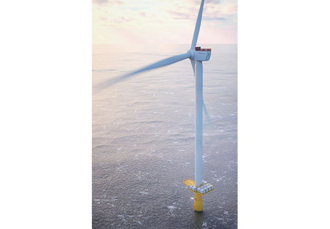 PB: Wasserstoffproduktion auf hoher See: Diese visionäre Idee ist auf der „Woche der Umwelt“ von Bundespräsidialamt und Deutscher Bundesstiftung Umwelt (DBU) zu sehen. Das Bild zeigt eine mögliche Windkraftanlage inklusive Plattform für die Elektrolyse./ ©: Siemens Gamesa Renewable Energy