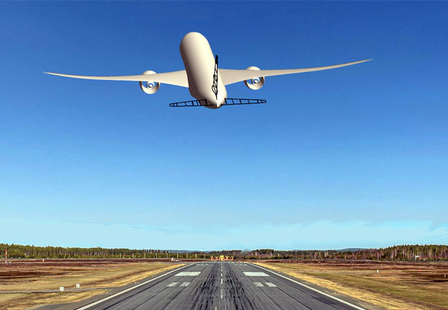 PB: Virtueller Start - Langstreckenverkehrsflugzeug mit hochgestrecktem, last-geregeltem, ultra-effizientem und intelligentem Flügel beim virtuellen Start im Rahmen einer Simulation. / ©: Autor – unsplash.com
