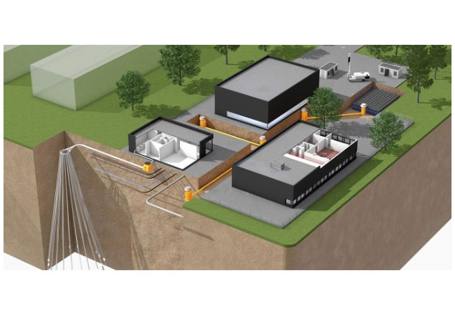 PB: Computerskizze GeoStar: Durch die Schrägbohrtechnik erreichen die Erdwärmesonden auf Wärmereservoire unterhalb von bestehenden Gebäuden, hier am Beispiel des Institutsgebäudes des Fraunhofer IEG. / ©: Fraunhofer IEG