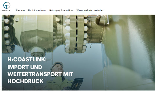 Interneseite GTG Nord: Das Leitungsprojekt H₂Coastlink ist Teil des Programmes „Clean Hydrogen Coastline“. Hier bündelt EWE die Wasserstoffaktivitäten in der Region. / ©: GTG Nord